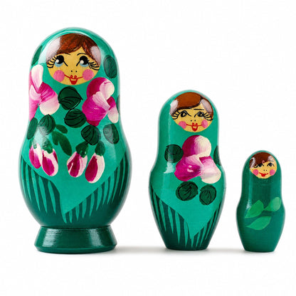 Set of 3 Deep Green Dress Wooden  Nesting Dolls 3.5 Inches