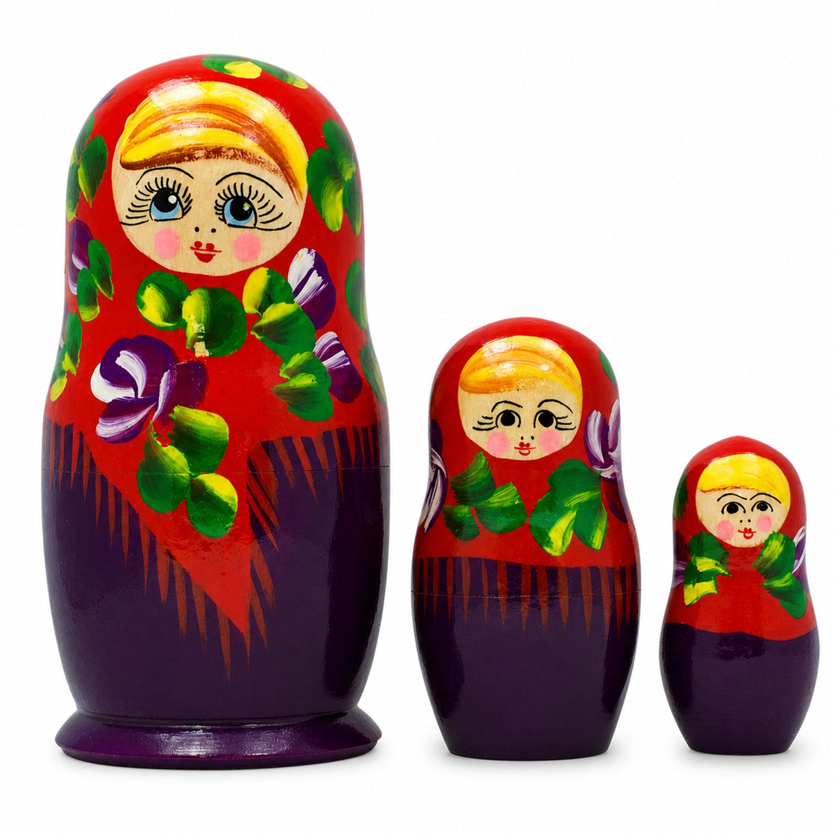 Set of 3 Deep Red Dress Wooden  Nesting Dolls 3.5 Inches