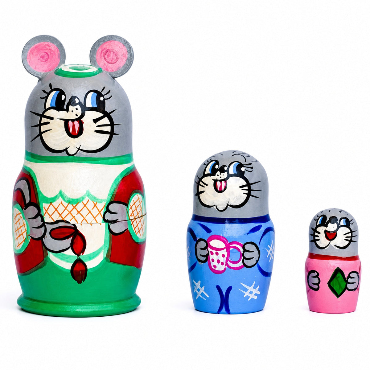 Set of 3 Mouse Wooden Nesting Dolls 3.5 Inches