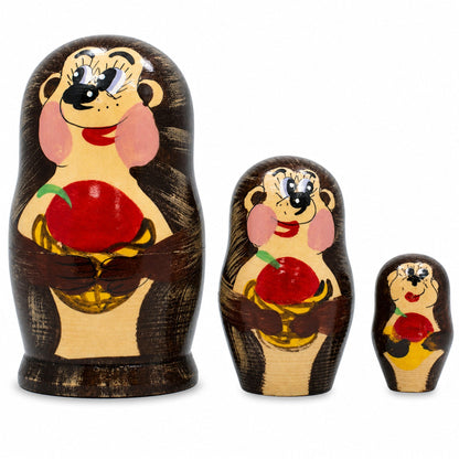 Set of 3 Hedgehogs with Apples Wooden Nesting Dolls 4 Inches