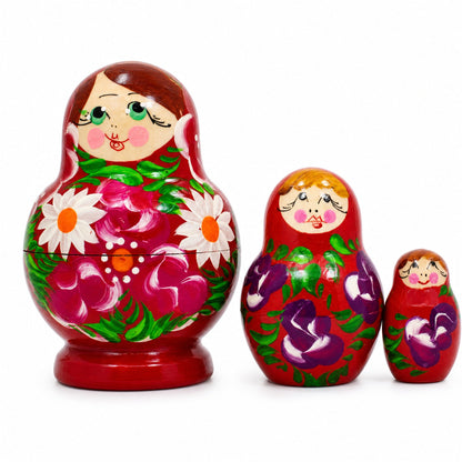 Set of 3 Floral Red Miniature  Nesting Dolls 3.5 Inches
