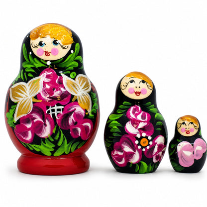 Set of Flowers on Black and Red Dress Nesting Dolls 3.5 Inches
