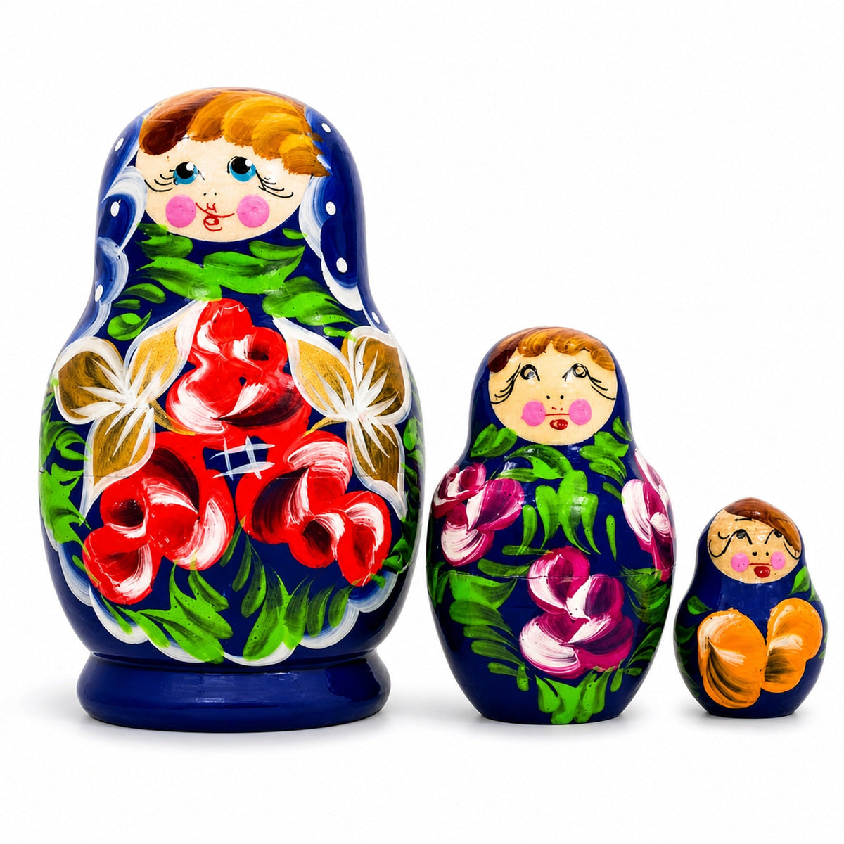 Set of Flowers on Blue Dress Nesting Dolls 3.5 Inches