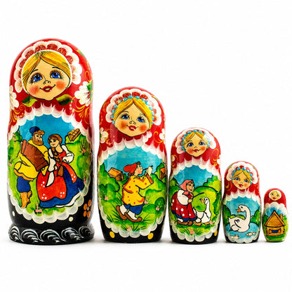 Set of 5 Summer in the Village Wooden Nesting Dolls 6.5 Inches