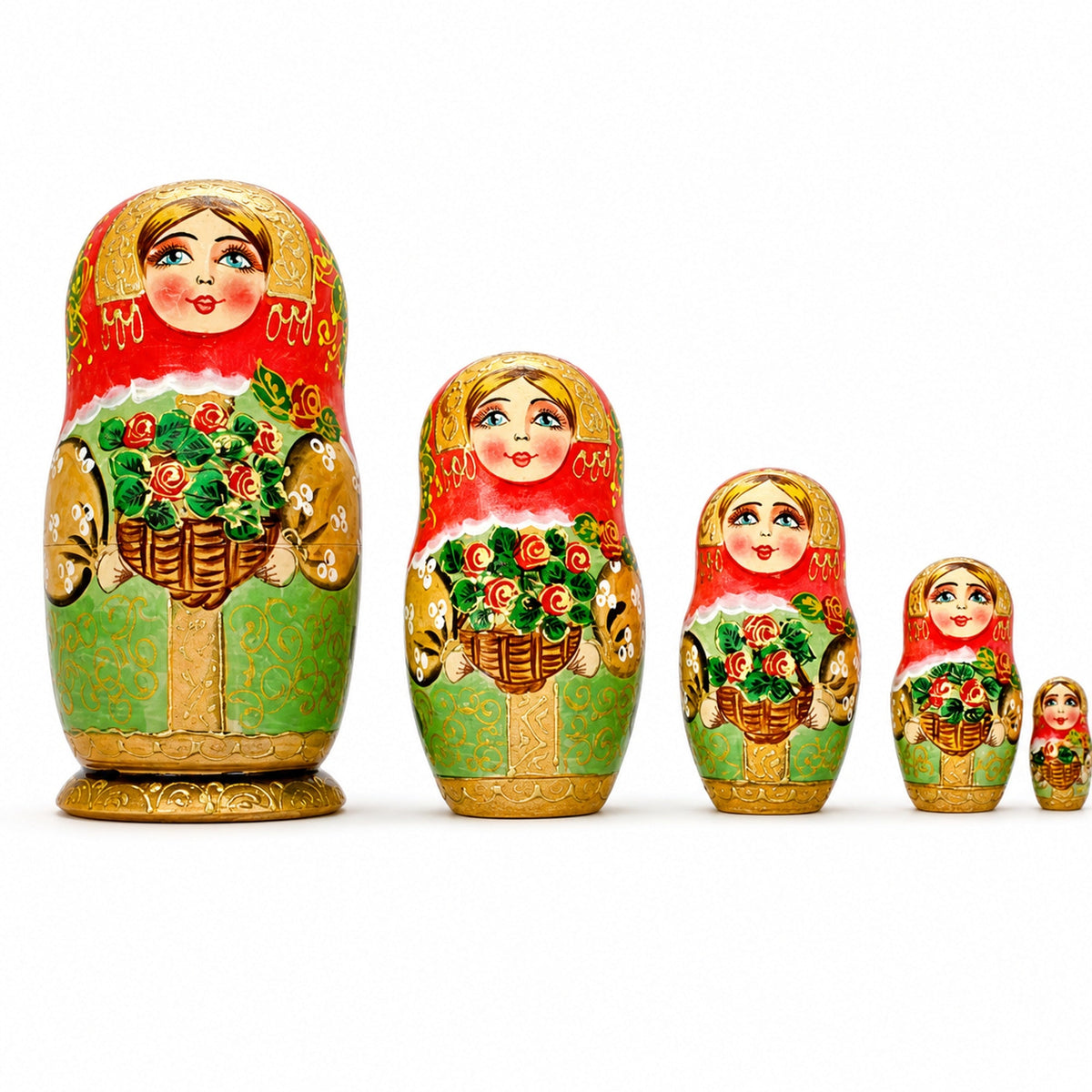5 Girls with Basket Flowers Nesting Dolls  6.5 Inches