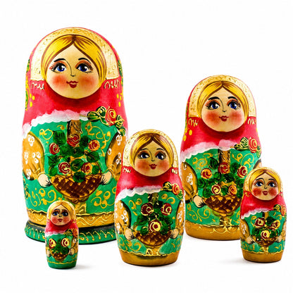5 Girls with Basket Flowers Nesting Dolls  6.5 Inches