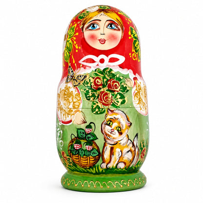 Set of 5 Girls with Cats Wooden Nesting Dolls 6.5 Inches