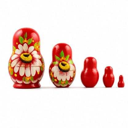 Set of 5 Daisy Flowers on Red Dress Nesting Dolls 3.5 Inches