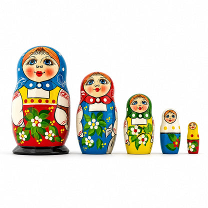 Set of 5 Folk Girls Wooden Nesting Dolls 5.5 Inches