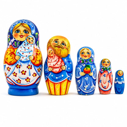 Set of 5 Newborn Baby Wooden Nesting Dolls Matryoshka 6.5 Inches