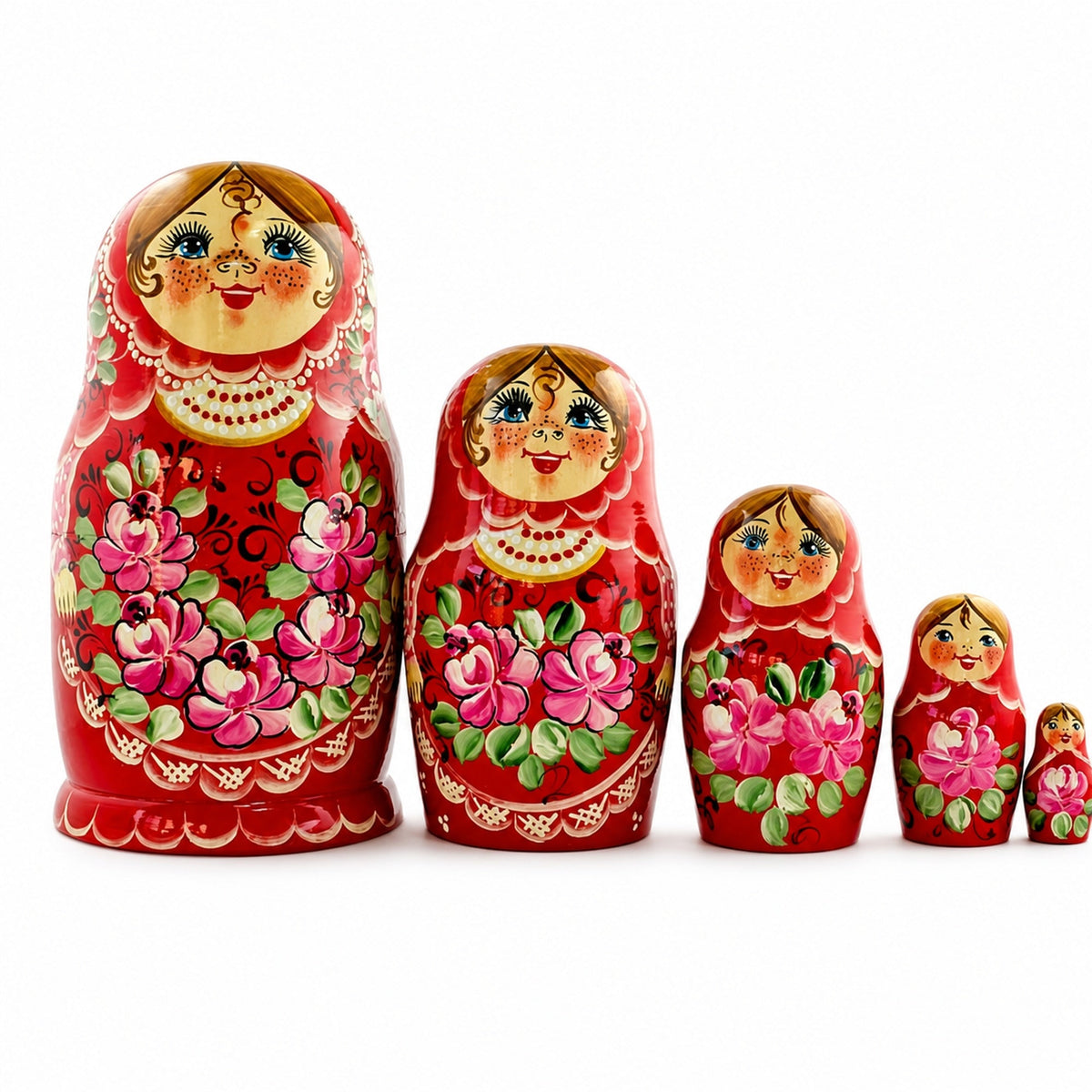 Set of Girls in Red Dress Wooden Nesting Dolls 7 Inches