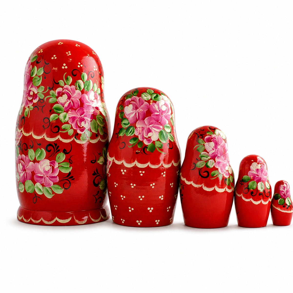Set of Girls in Red Dress Wooden Nesting Dolls 7 Inches