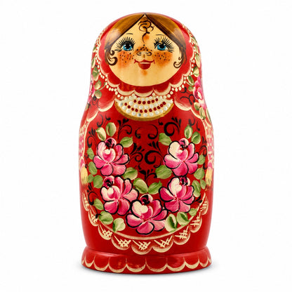 Set of Girls in Red Dress Wooden Nesting Dolls 7 Inches