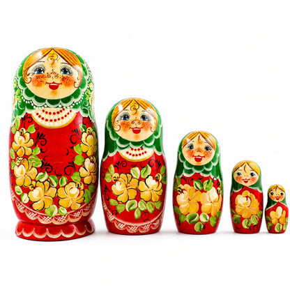 5 Girl with Green Scarf and Red Dress Wooden Nesting Dolls 7 Inches