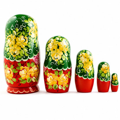 5 Girl with Green Scarf and Red Dress Wooden Nesting Dolls 7 Inches