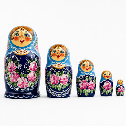 Set of 5 Blue Floral Dress Girls Wooden Nesting Dolls 7 Inches