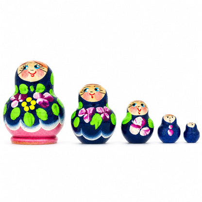 Set of 5 Miniature Blue Floral Nesting Dolls  1.75 Inches