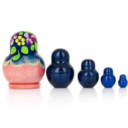 Set of 5 Miniature Blue Floral Nesting Dolls  1.75 Inches