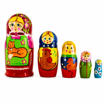 Set of 5 Girls with Cat, Rooster and Duck Animals Nesting Figurines 6 Inches