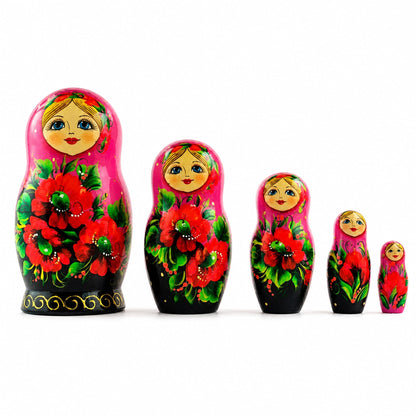 Set of 5 Pink Scarf with Poppy Flowers  Nesting Dolls 7 Inches