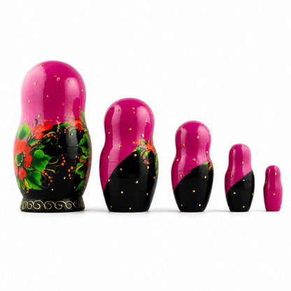 Set of 5 Pink Scarf with Poppy Flowers  Nesting Dolls 7 Inches