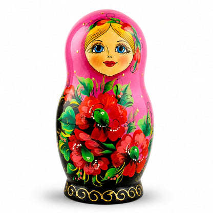 Set of 5 Pink Scarf with Poppy Flowers  Nesting Dolls 7 Inches
