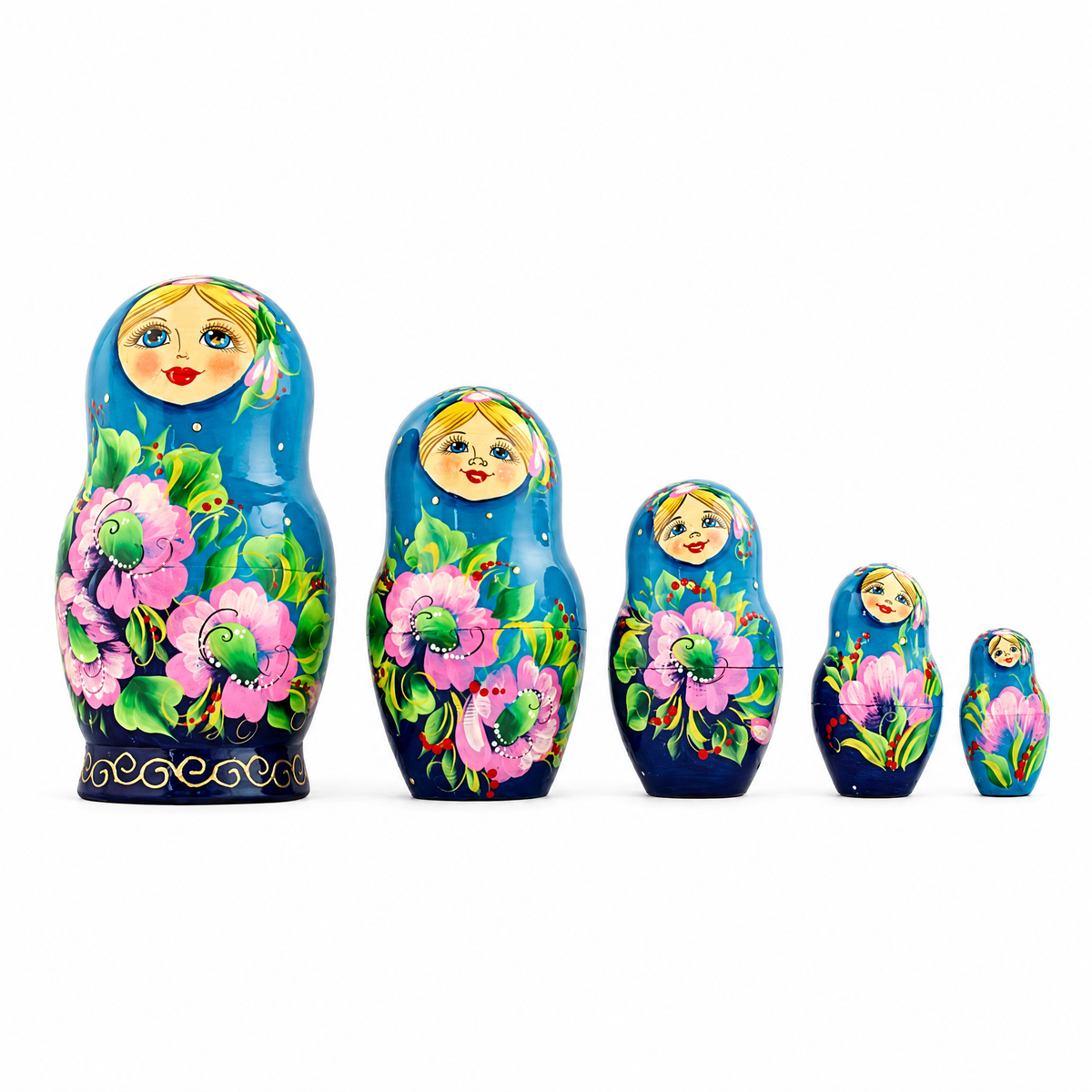 5 Turquoise Scarf with Poppy Flowers  Nesting Dolls 7 Inches