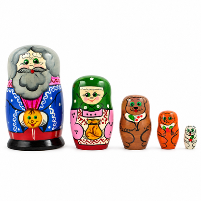 Kolobok, Babushka and Dedushka Fairy Tale Nesting Dolls 7 Inches