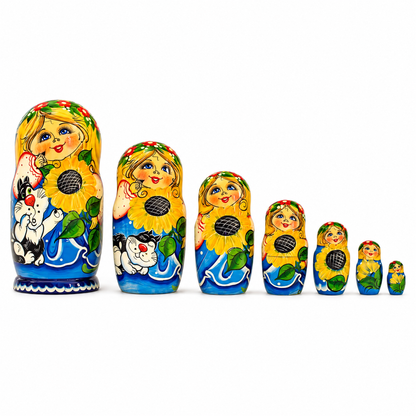 Set of 7 Girls with Cat in Blue Dress Nesting Dolls 8.5 Inches