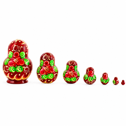 Set of 7 Red and Green Dress  Nesting Dolls 3.5 Inches