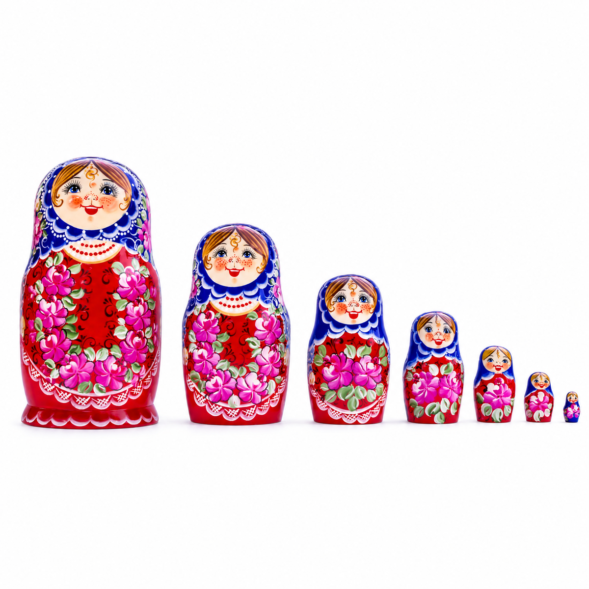 Set of 7 Blue Scarf Red Dress  Nesting Dolls 8.5 Inches