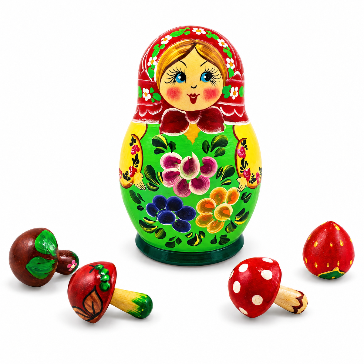 The Girl with 4 Mushrooms Wooden Nesting Doll 5 Inches