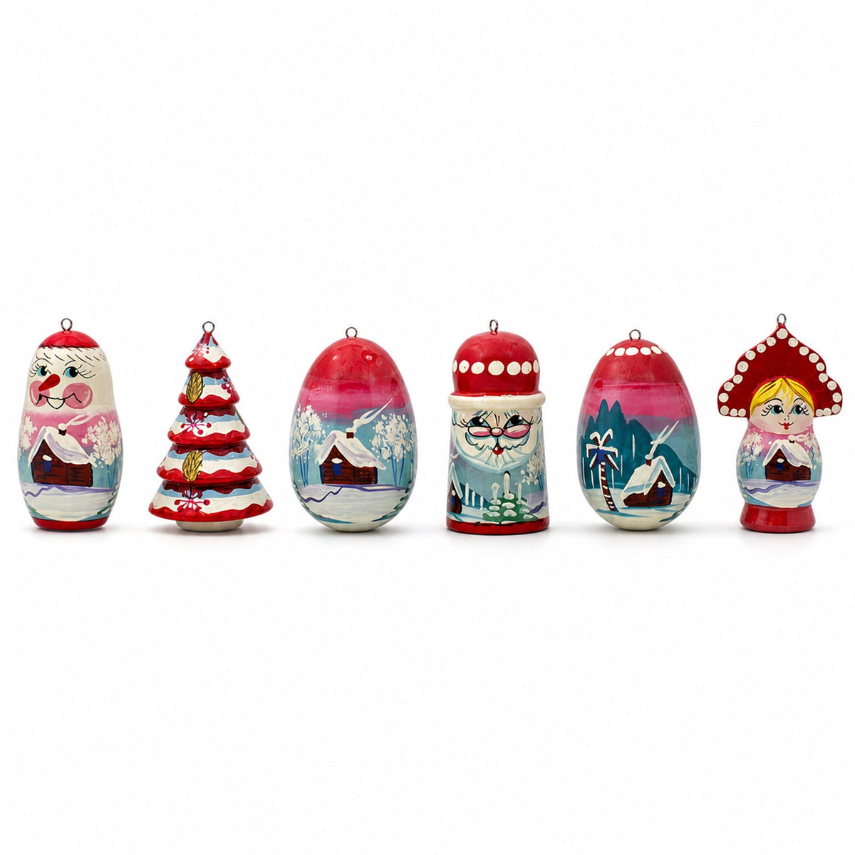 6 Christmas Tree, Snowman, Santa, Village House, Wooden Doll Christmas Ornaments