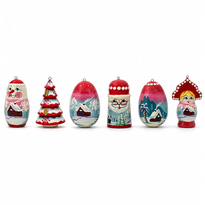 6 Christmas Tree, Snowman, Santa, Village House, Wooden Doll Christmas Ornaments