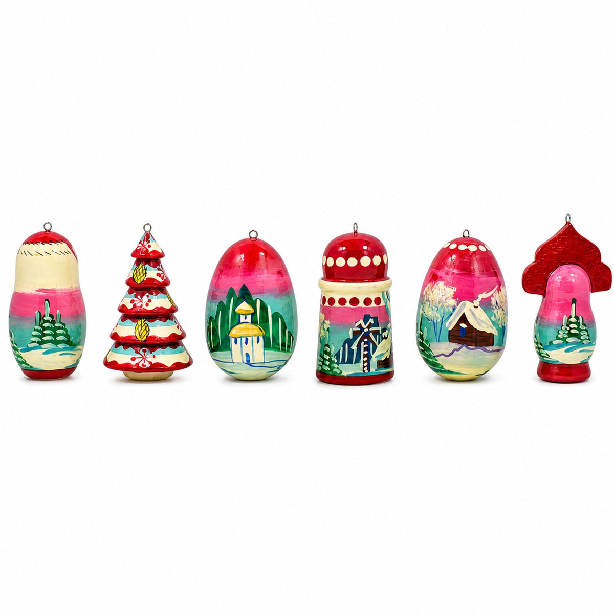 6 Christmas Tree, Snowman, Santa, Village House, Wooden Doll Christmas Ornaments