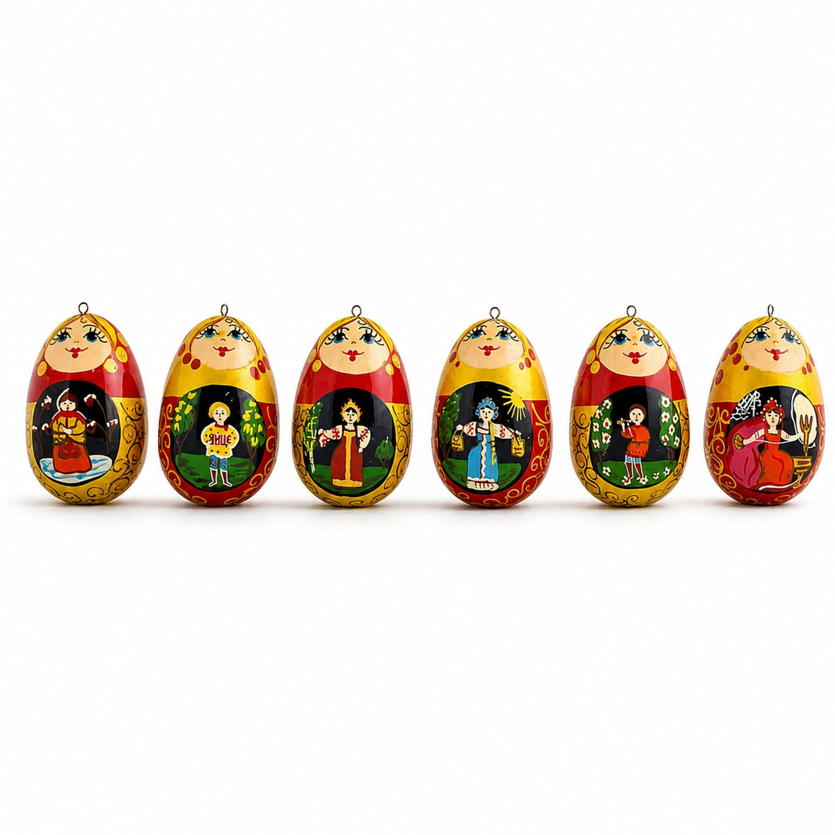 6 Fairy Tales Wooden  Dolls Christmas Ornaments 2.25 Inches