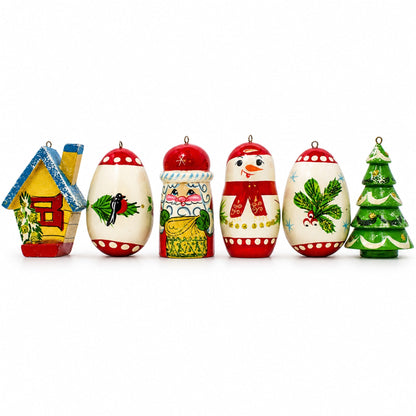 6 Hand Painted Wooden Christmas Ornaments 2.25 Inches