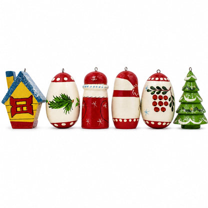 6 Hand Painted Wooden Christmas Ornaments 2.25 Inches
