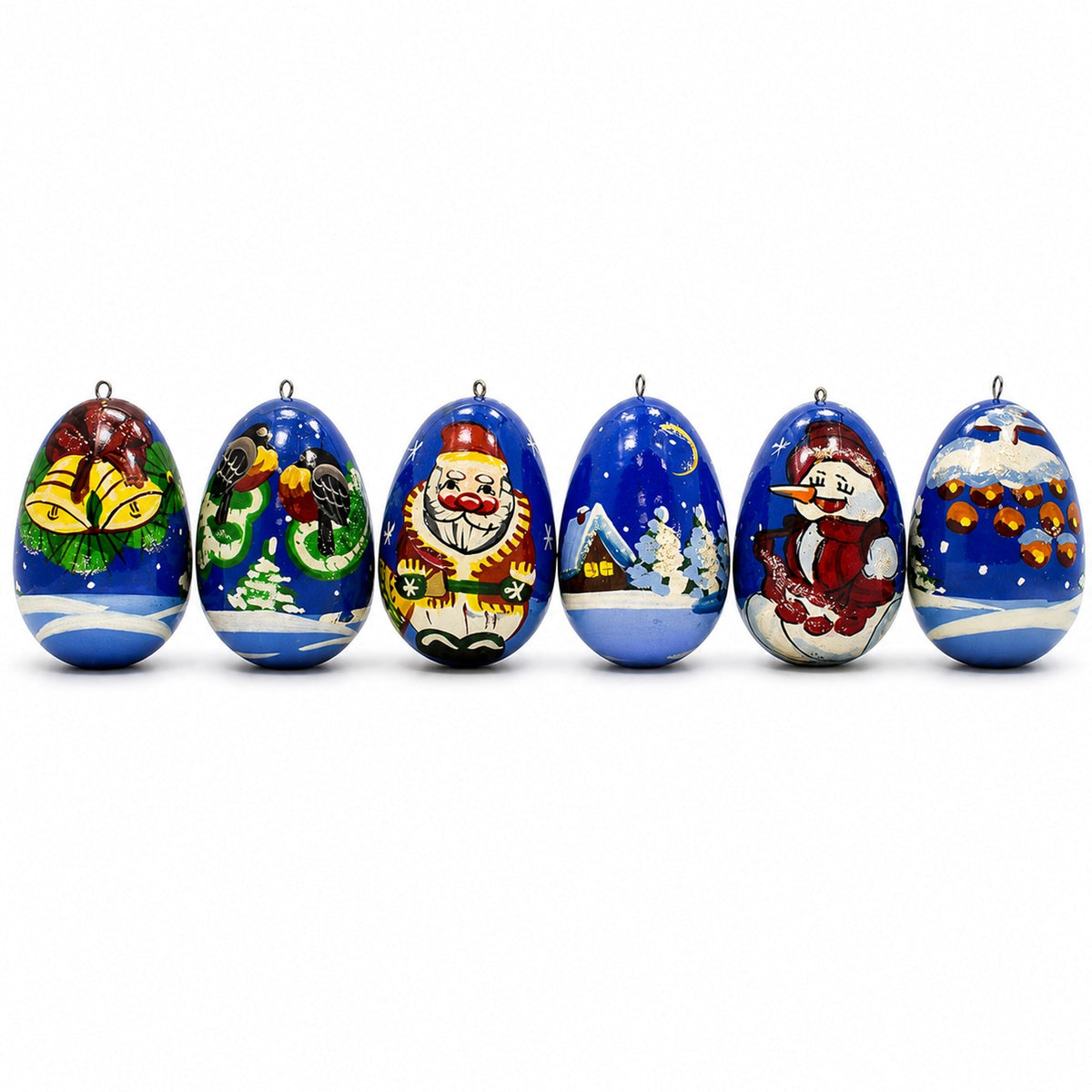 6 Santa with Snowman and Birds Wooden Christmas Ornaments 2.25 Inches