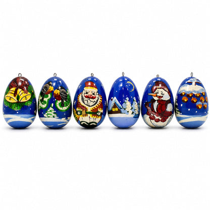 6 Santa with Snowman and Birds Wooden Christmas Ornaments 2.25 Inches