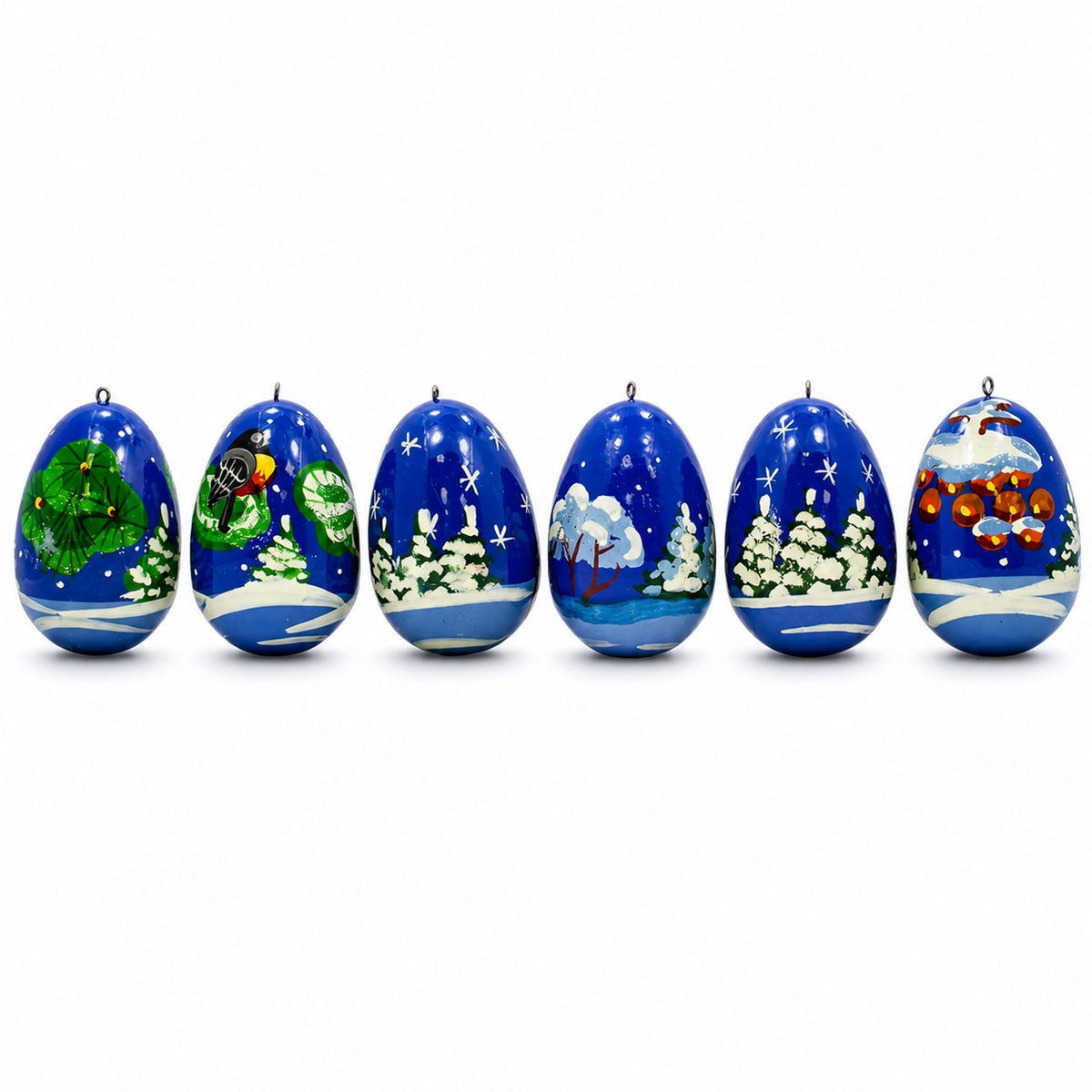 6 Santa with Snowman and Birds Wooden Christmas Ornaments 2.25 Inches