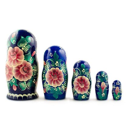Set of 5 Family Christmas Celebration Wooden Nesting Dolls 6.5 Inches