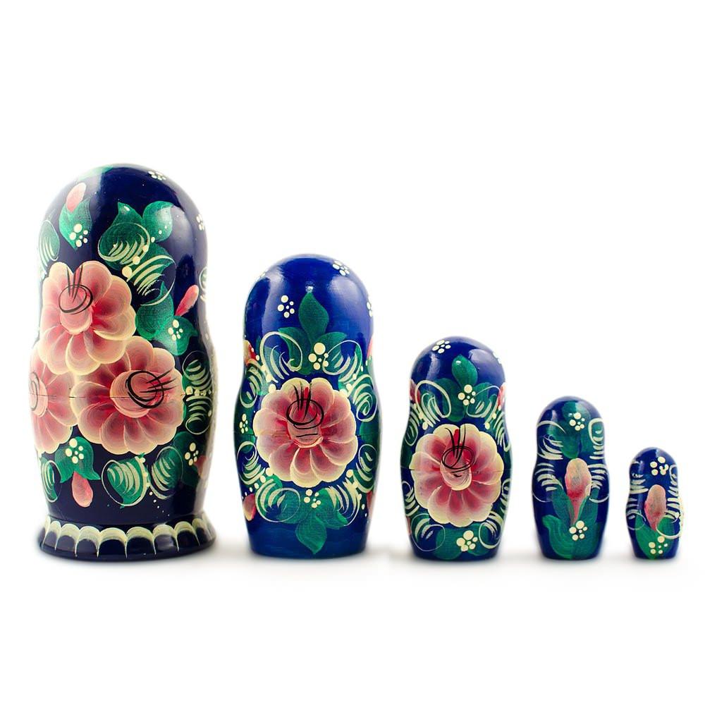 Set of 5 Family Christmas Celebration Wooden Nesting Dolls 6.5 Inches