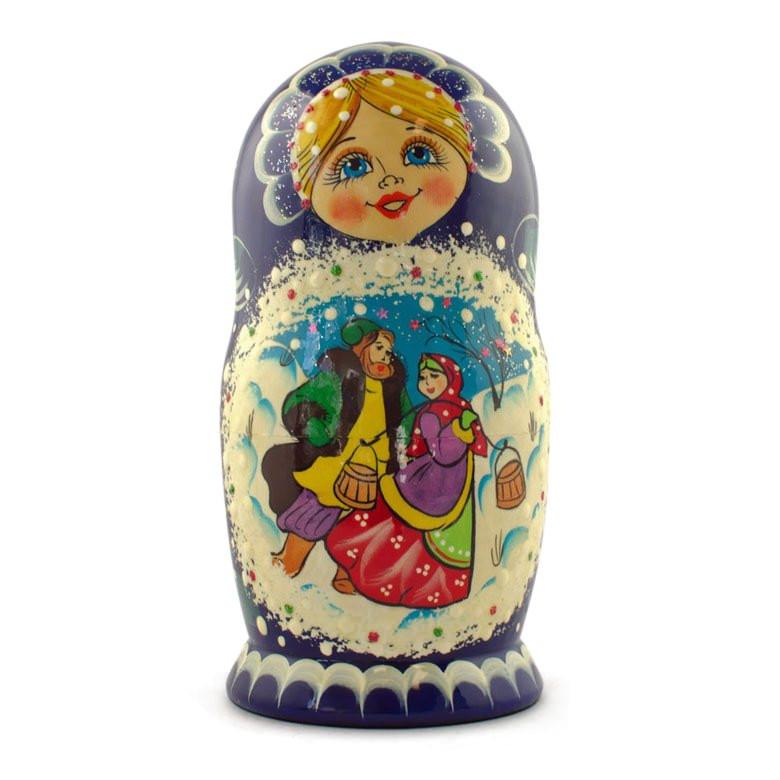 Set of 5 Family Christmas Celebration Wooden Nesting Dolls 6.5 Inches
