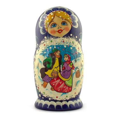 Set of 5 Family Christmas Celebration Wooden Nesting Dolls 6.5 Inches