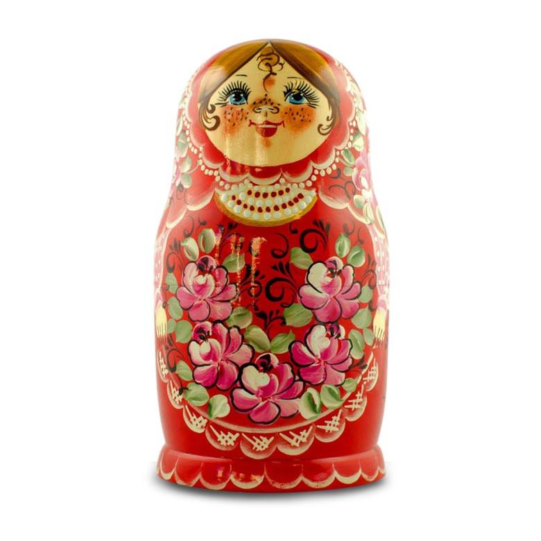Set of Girls in Red Dress Wooden Nesting Dolls 7 Inches