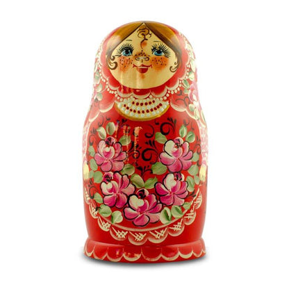 Set of Girls in Red Dress Wooden Nesting Dolls 7 Inches