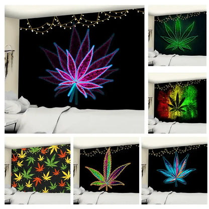Neon purple & blue printed maple leaf tapestry bedroom wall decor