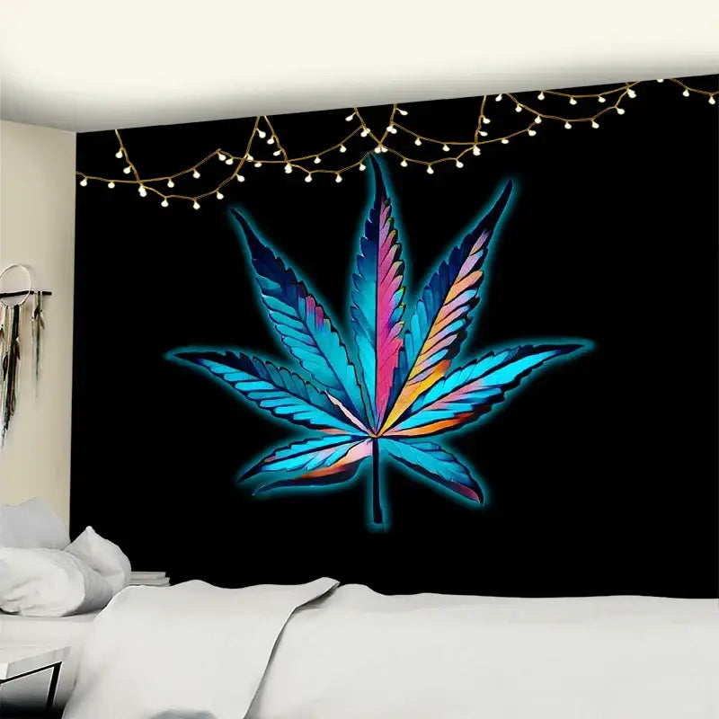 Neon purple & blue printed maple leaf tapestry bedroom wall decor