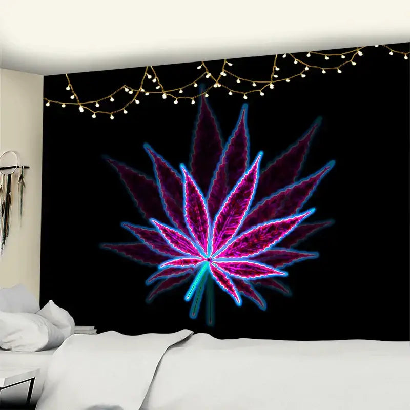 Neon purple & blue printed maple leaf tapestry bedroom wall decor
